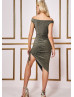 Off Shoulder Gold Lurex Drawstring Side Midi Party Dress